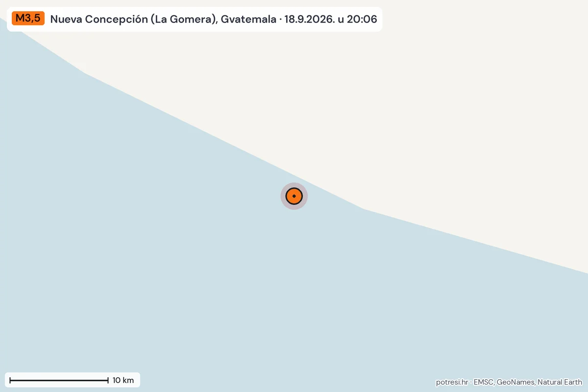 Karta: okolica epicentra, 60 km, potres M3,5, Nueva Concepción (La Gomera), Gvatemala, 18.9.2026.