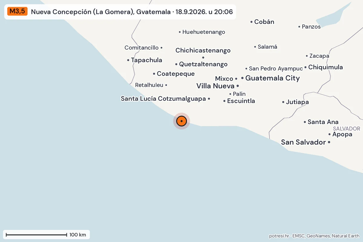 Karta: šire područje, 600 km, potres M3,5, Nueva Concepción (La Gomera), Gvatemala, 18.9.2026.