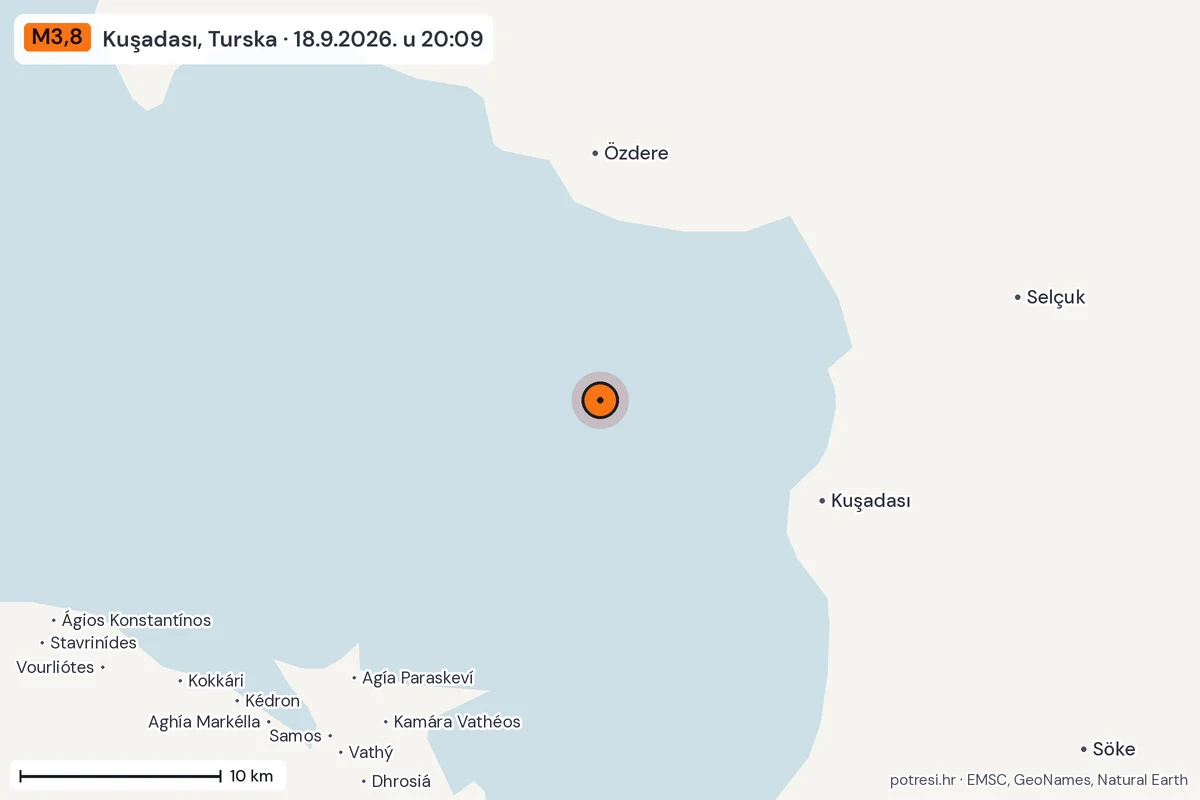 Karta: okolica epicentra, 60 km, potres M3,8, Kuşadası, Turska, 18.9.2026.