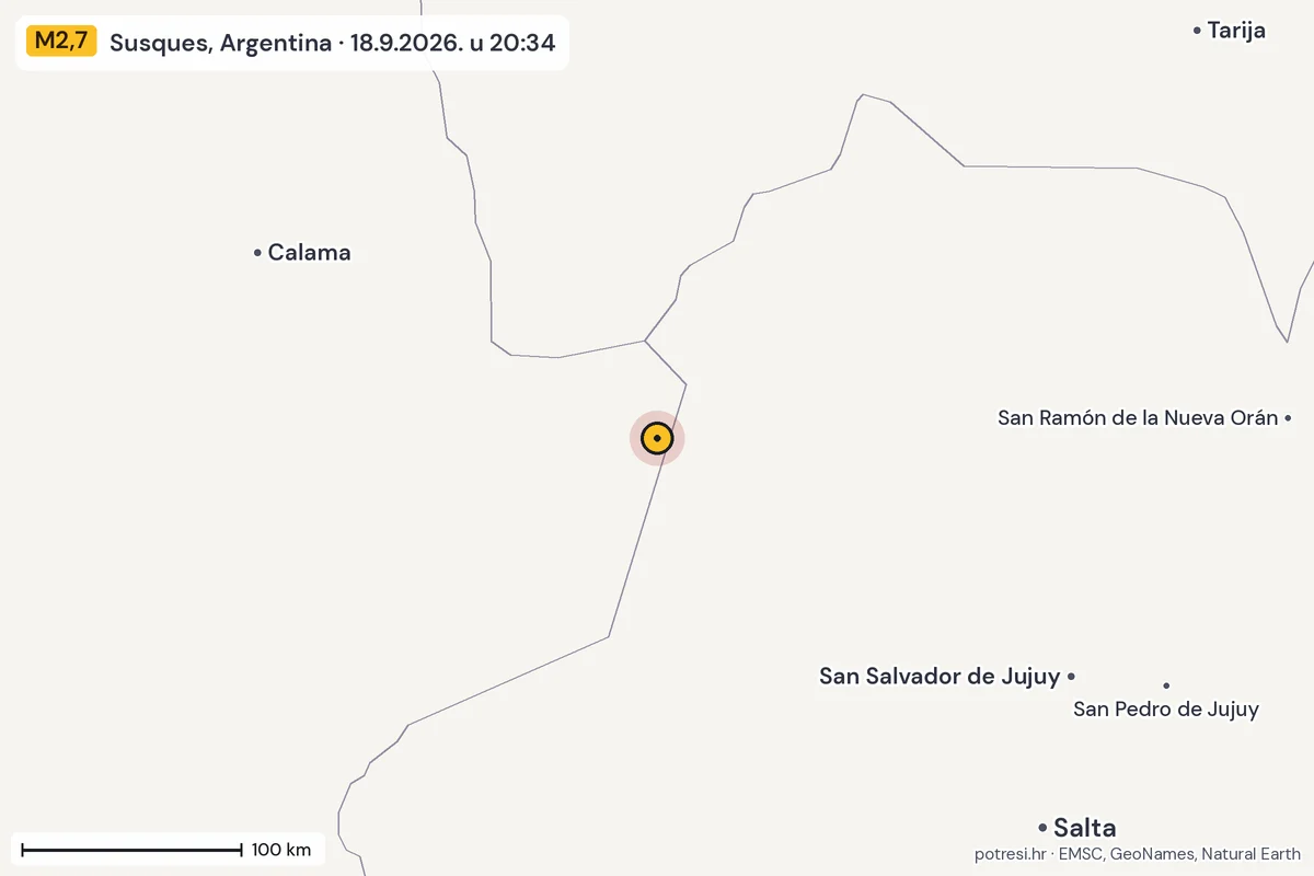 Karta: šire područje, 600 km, potres M2,7, Susques, Argentina, 18.9.2026.