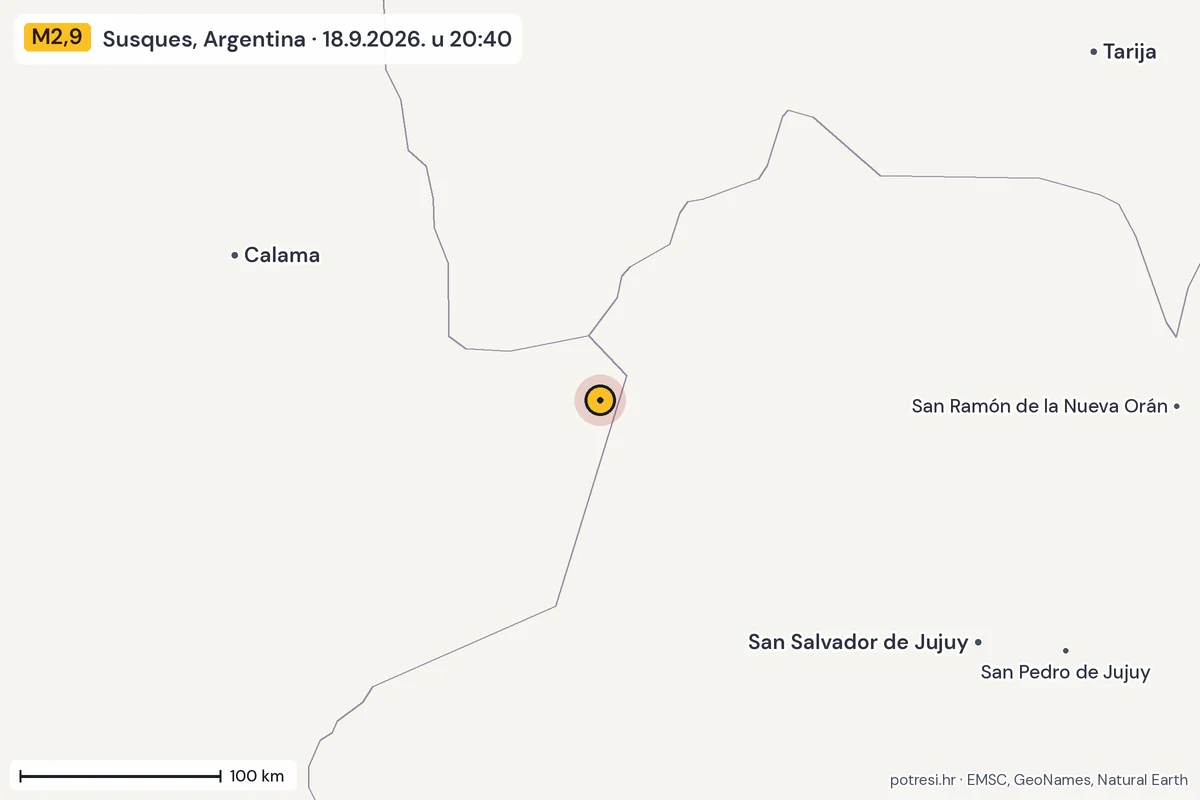 Karta: šire područje, 600 km, potres M2,9, Susques, Argentina, 18.9.2026.