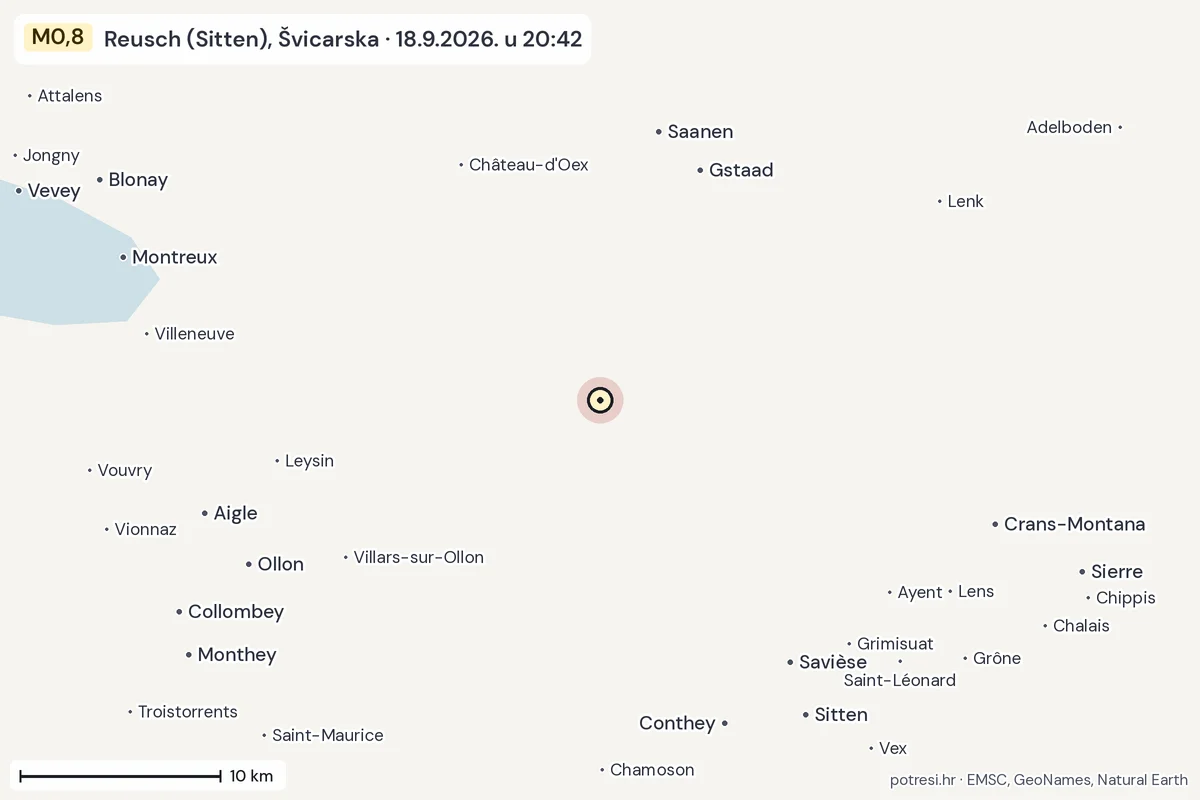 Karta: okolica epicentra, 60 km, potres M0,8, Reusch (Sitten), Švicarska, 18.9.2026.