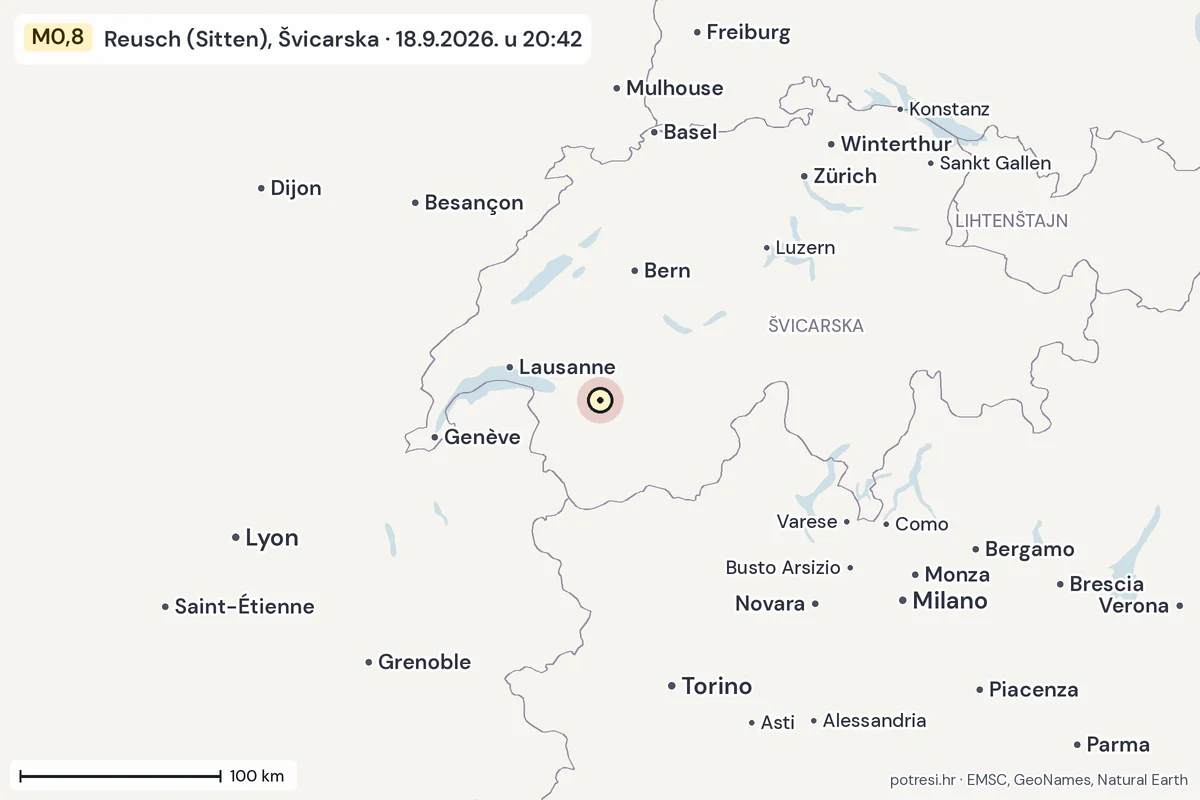 Karta: šire područje, 600 km, potres M0,8, Reusch (Sitten), Švicarska, 18.9.2026.