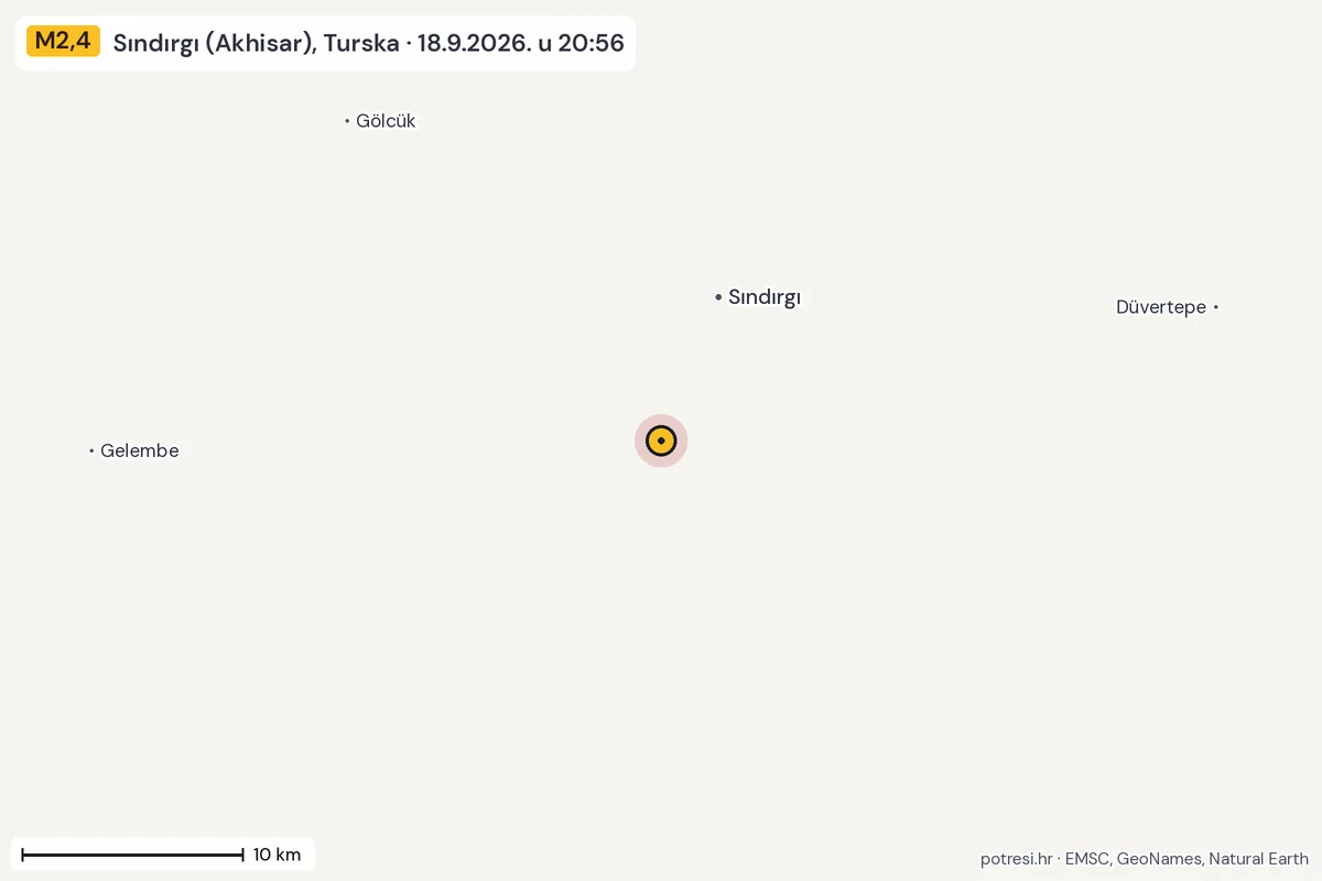 Karta: okolica epicentra, 60 km, potres M2,4, Sındırgı (Akhisar), Turska, 18.9.2026.
