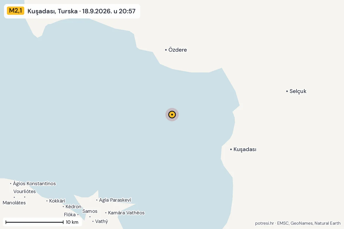 Karta: okolica epicentra, 60 km, potres M2,1, Kuşadası, Turska, 18.9.2026.