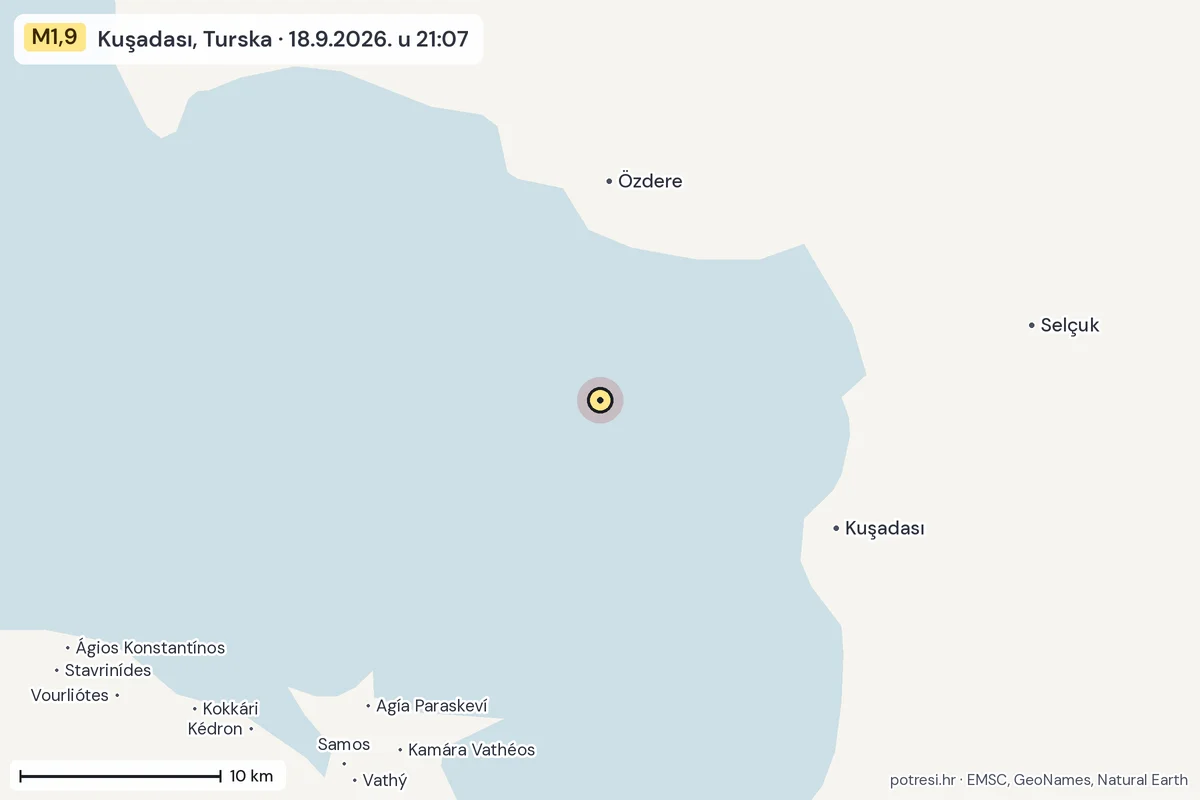 Karta: okolica epicentra, 60 km, potres M1,9, Kuşadası, Turska, 18.9.2026.