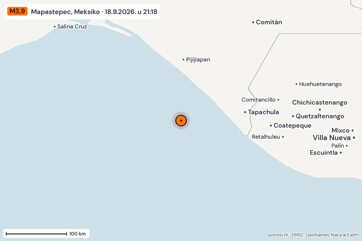 Karta: šire područje, 600 km, potres M3,9, Mapastepec, Meksiko, 18.9.2026.
