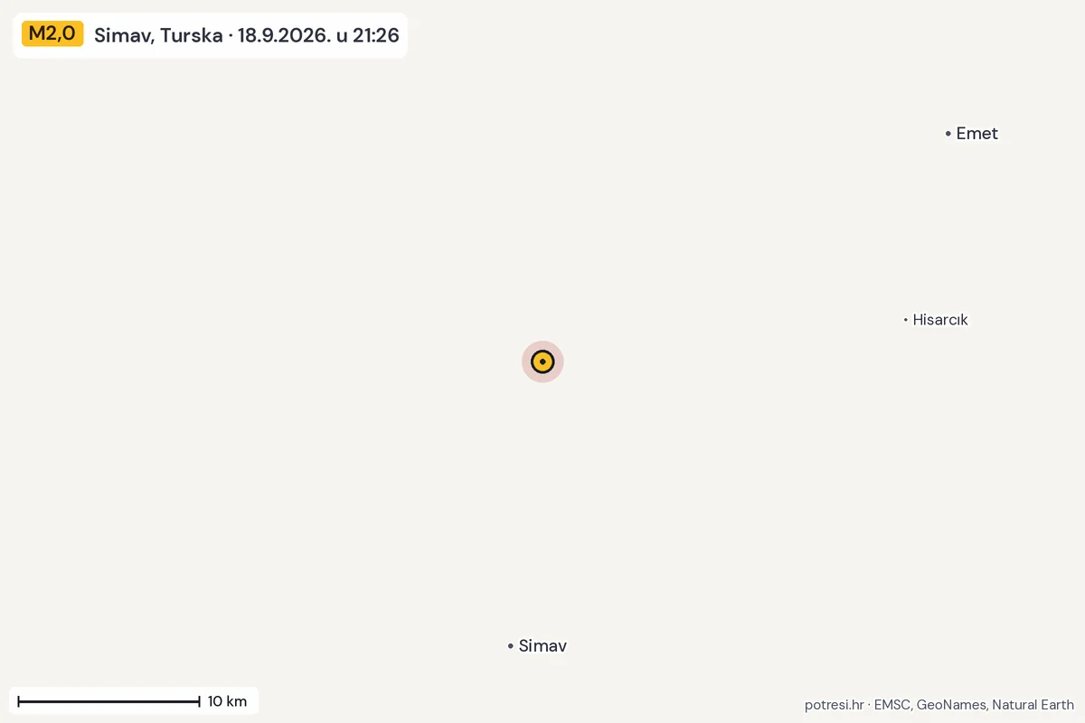Karta: okolica epicentra, 60 km, potres M2,0, Simav, Turska, 18.9.2026.
