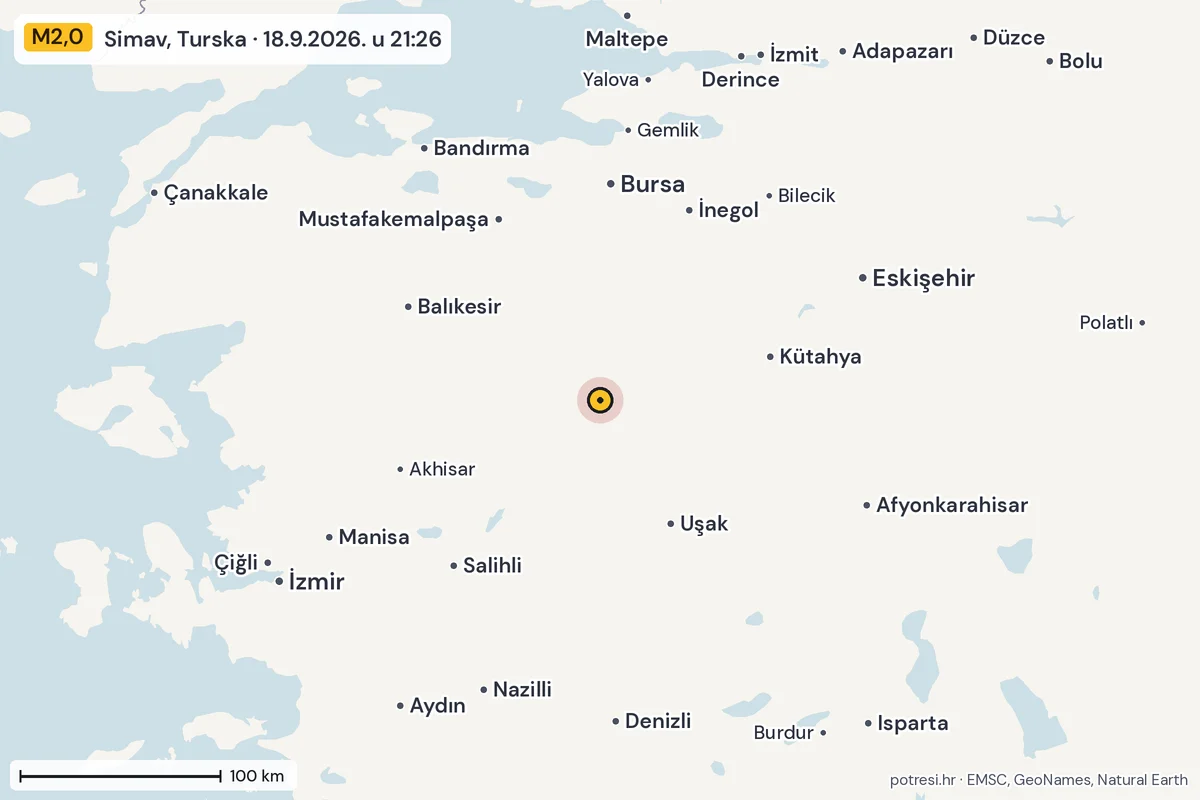 Karta: šire područje, 600 km, potres M2,0, Simav, Turska, 18.9.2026.