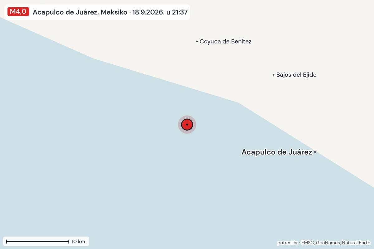 Karta: okolica epicentra, 60 km, potres M4,0, Acapulco de Juárez, Meksiko, 18.9.2026.