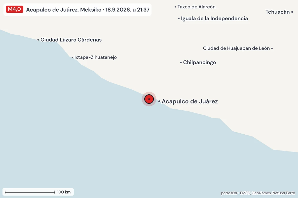 Karta: šire područje, 600 km, potres M4,0, Acapulco de Juárez, Meksiko, 18.9.2026.