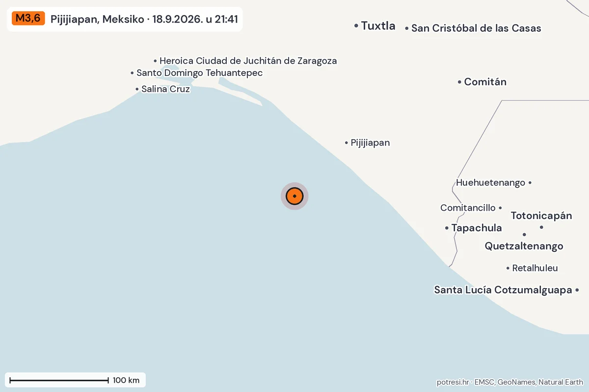 Karta: šire područje, 600 km, potres M3,6, Pijijiapan, Meksiko, 18.9.2026.