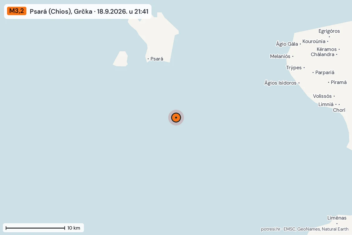 Karta: okolica epicentra, 60 km, potres M3,2, Psará (Chios), Grčka, 18.9.2026.