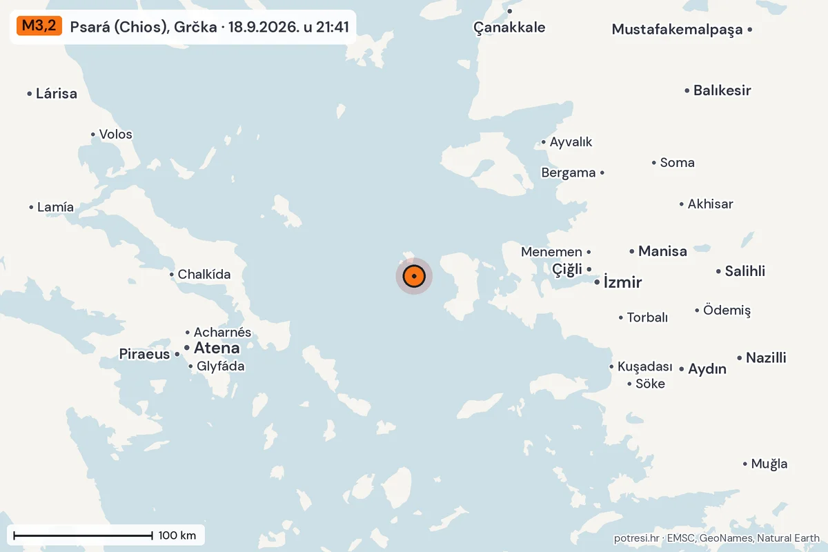 Karta: šire područje, 600 km, potres M3,2, Psará (Chios), Grčka, 18.9.2026.