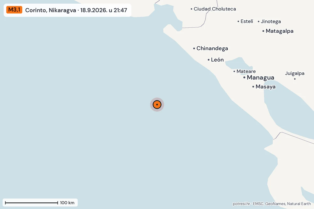 Karta: šire područje, 600 km, potres M3,1, Corinto, Nikaragva, 18.9.2026.
