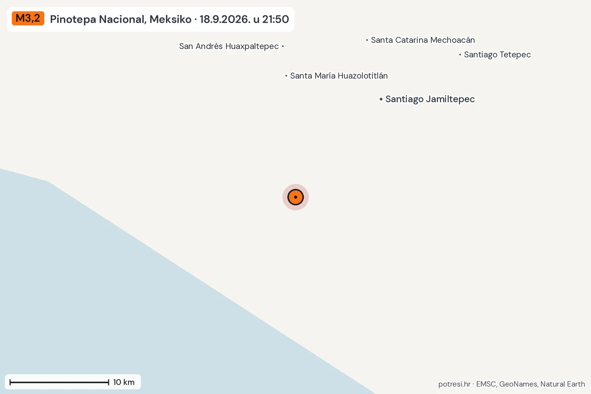 Karta: okolica epicentra, 60 km, potres M3,2, Pinotepa Nacional, Meksiko, 18.9.2026.