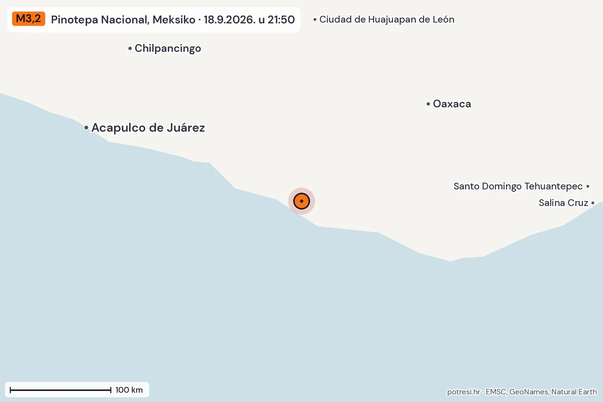 Karta: šire područje, 600 km, potres M3,2, Pinotepa Nacional, Meksiko, 18.9.2026.