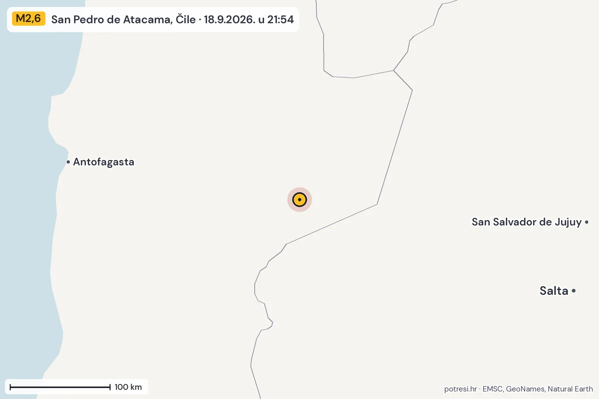 Karta: šire područje, 600 km, potres M2,6, San Pedro de Atacama, Čile, 18.9.2026.