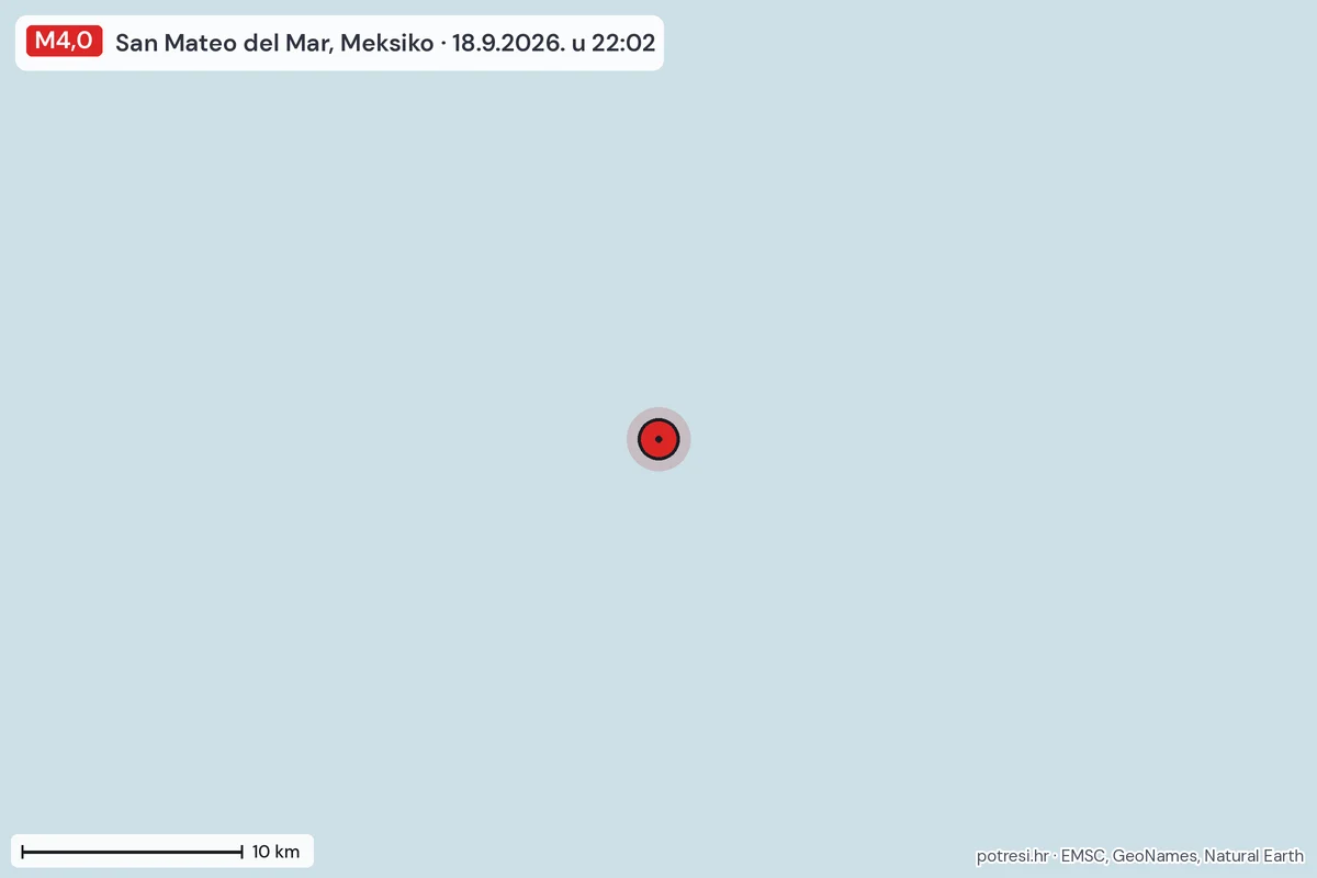 Karta: okolica epicentra, 60 km, potres M4,0, San Mateo del Mar, Meksiko, 18.9.2026.