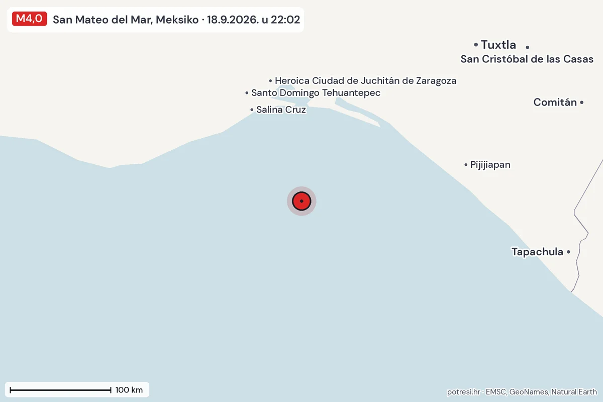 Karta: šire područje, 600 km, potres M4,0, San Mateo del Mar, Meksiko, 18.9.2026.