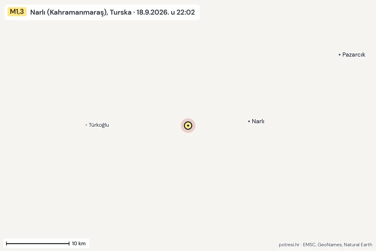 Karta: okolica epicentra, 60 km, potres M1,3, Narlı (Kahramanmaraş), Turska, 18.9.2026.