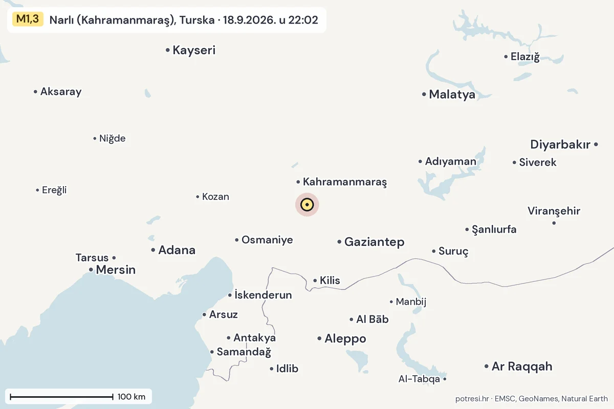Karta: šire područje, 600 km, potres M1,3, Narlı (Kahramanmaraş), Turska, 18.9.2026.