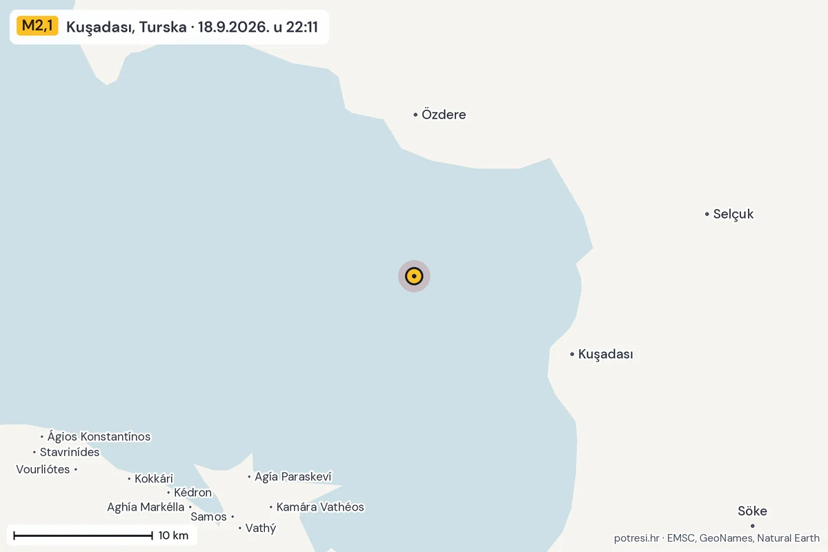 Karta: okolica epicentra, 60 km, potres M2,1, Kuşadası, Turska, 18.9.2026.
