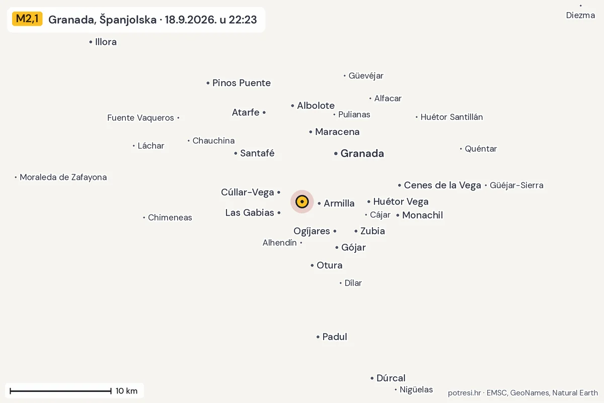 Karta: okolica epicentra, 60 km, potres M2,1, Granada, Španjolska, 18.9.2026.