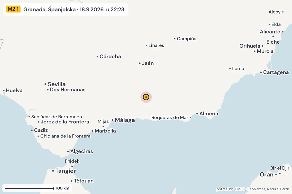 Karta: šire područje, 600 km, potres M2,1, Granada, Španjolska, 18.9.2026.