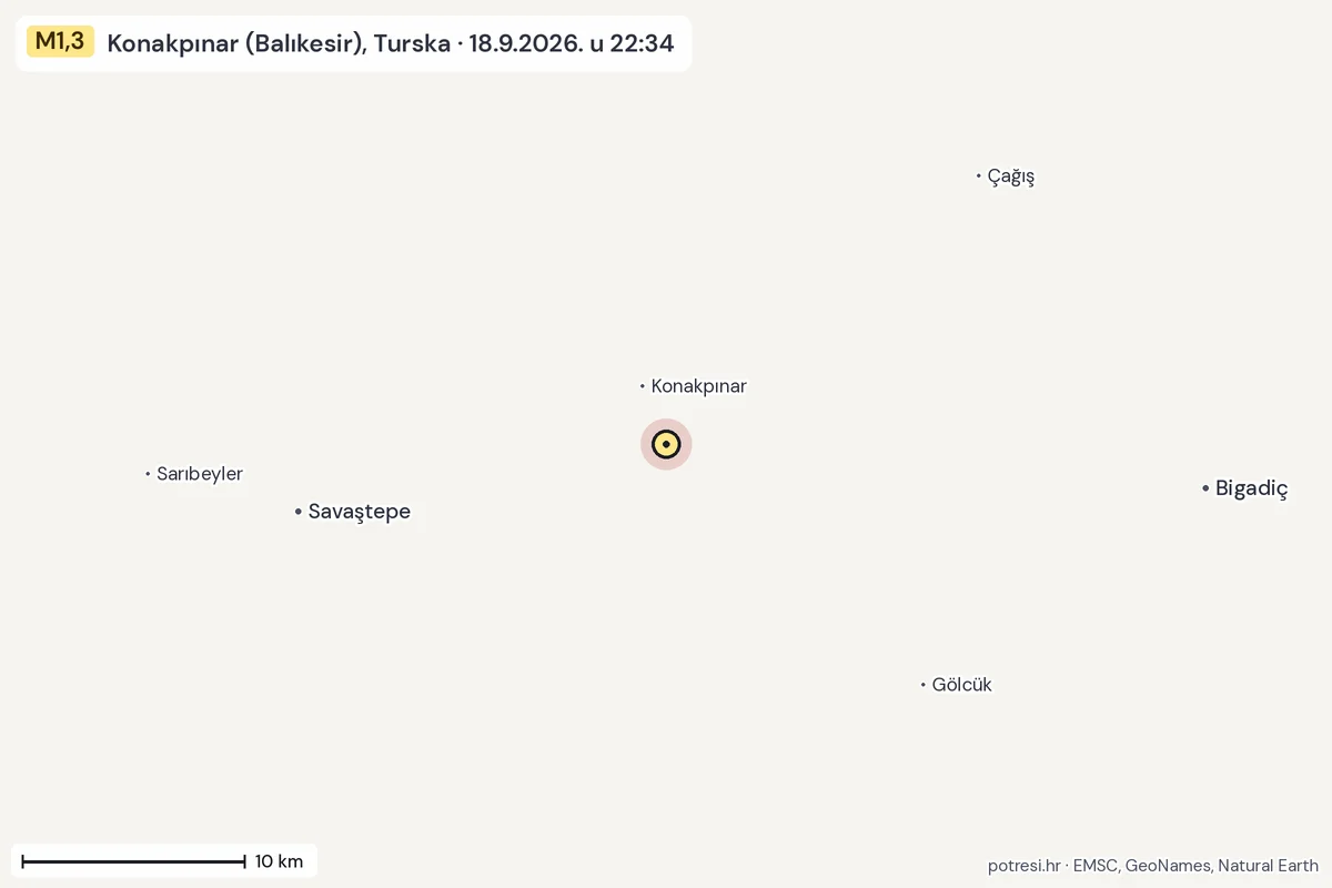 Karta: okolica epicentra, 60 km, potres M1,3, Konakpınar (Balıkesir), Turska, 18.9.2026.