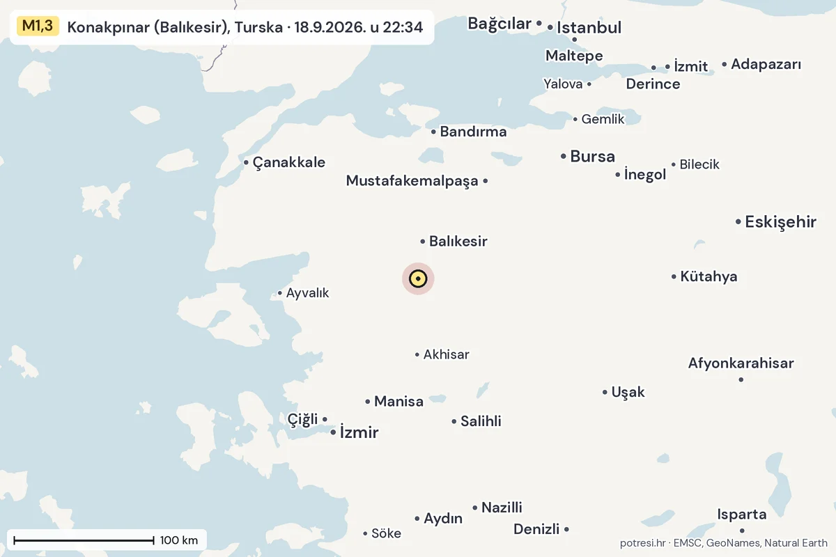 Karta: šire područje, 600 km, potres M1,3, Konakpınar (Balıkesir), Turska, 18.9.2026.