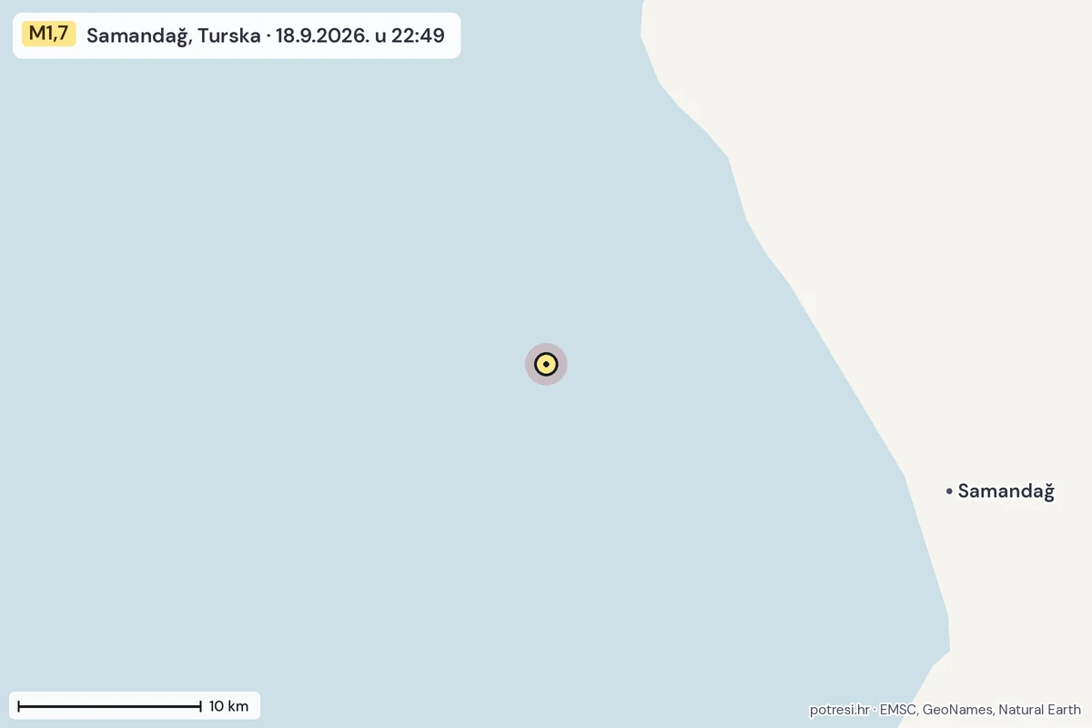 Karta: okolica epicentra, 60 km, potres M1,7, Samandağ, Turska, 18.9.2026.