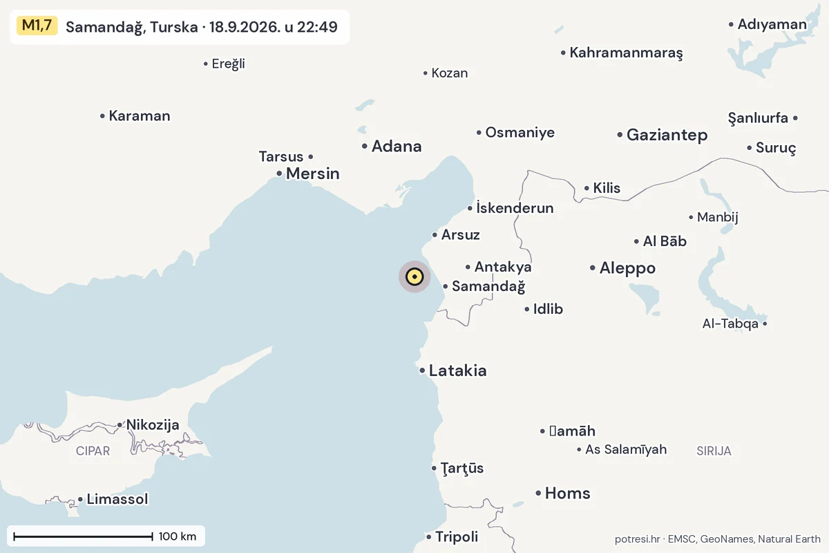 Karta: šire područje, 600 km, potres M1,7, Samandağ, Turska, 18.9.2026.