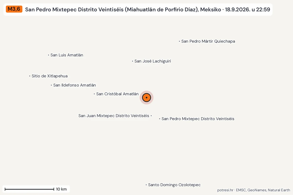 Karta: okolica epicentra, 60 km, potres M3,6, San Pedro Mixtepec Distrito Veintiséis (Miahuatlán de Porfirio Díaz), Meksiko, 18.9.2026.