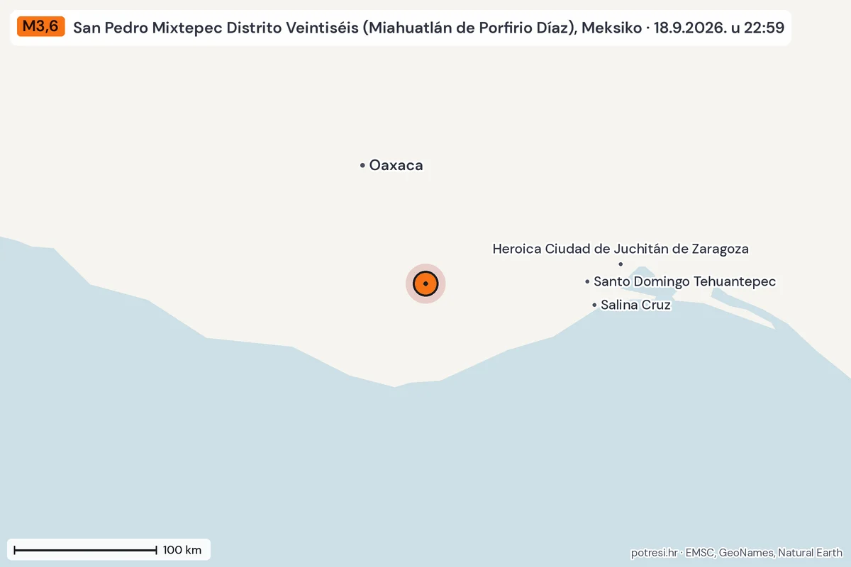 Karta: šire područje, 600 km, potres M3,6, San Pedro Mixtepec Distrito Veintiséis (Miahuatlán de Porfirio Díaz), Meksiko, 18.9.2026.