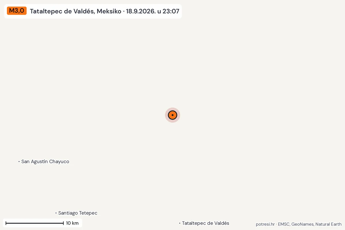 Karta: okolica epicentra, 60 km, potres M3,0, Tataltepec de Valdés, Meksiko, 18.9.2026.
