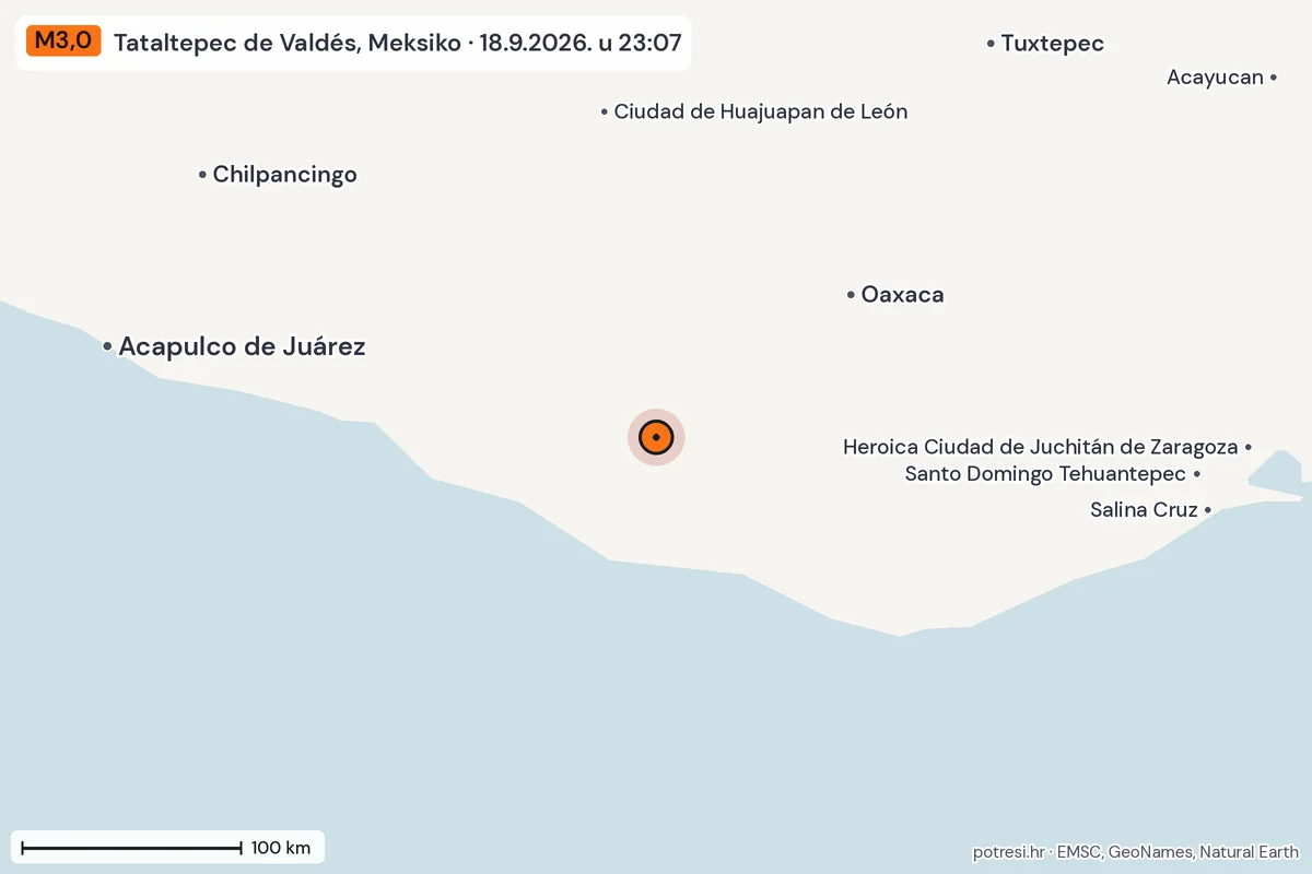 Karta: šire područje, 600 km, potres M3,0, Tataltepec de Valdés, Meksiko, 18.9.2026.