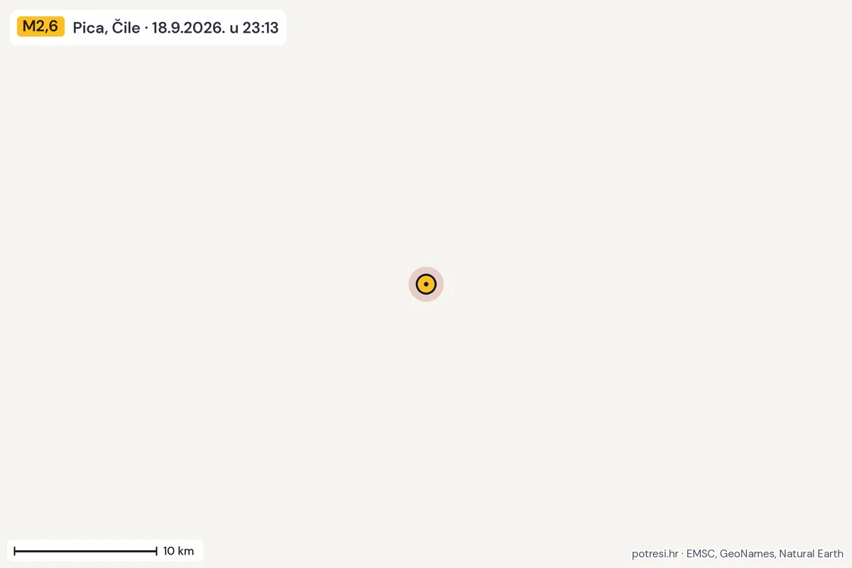 Karta: okolica epicentra, 60 km, potres M2,6, Pica, Čile, 18.9.2026.