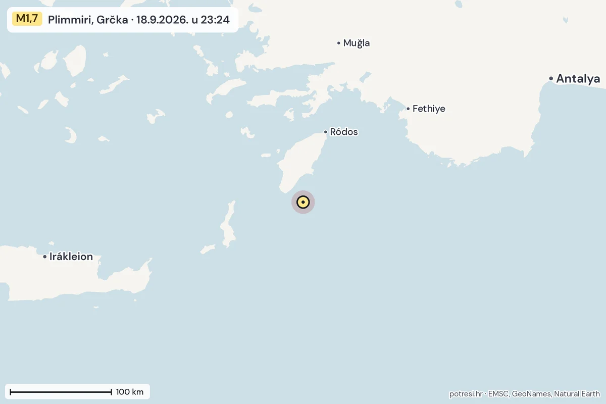 Karta: šire područje, 600 km, potres M1,7, Plimmiri, Grčka, 18.9.2026.