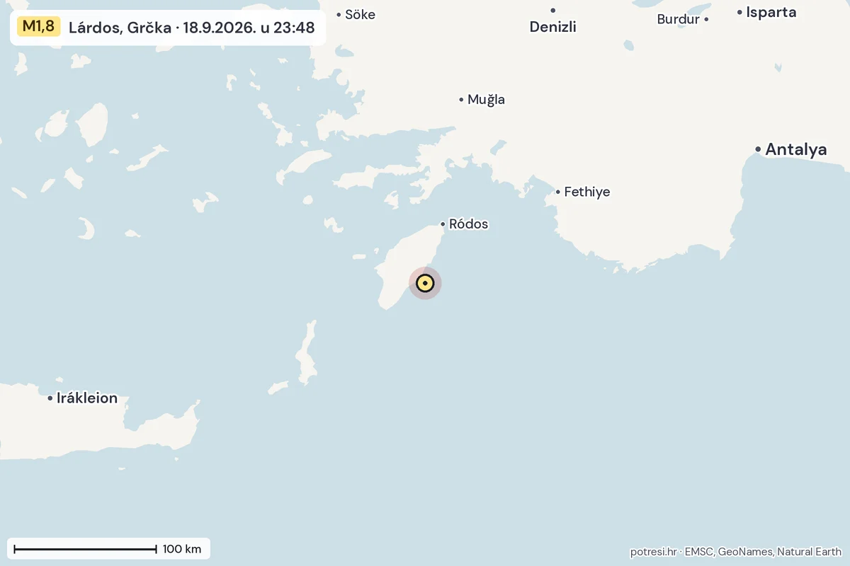 Karta: šire područje, 600 km, potres M1,8, Lárdos, Grčka, 18.9.2026.