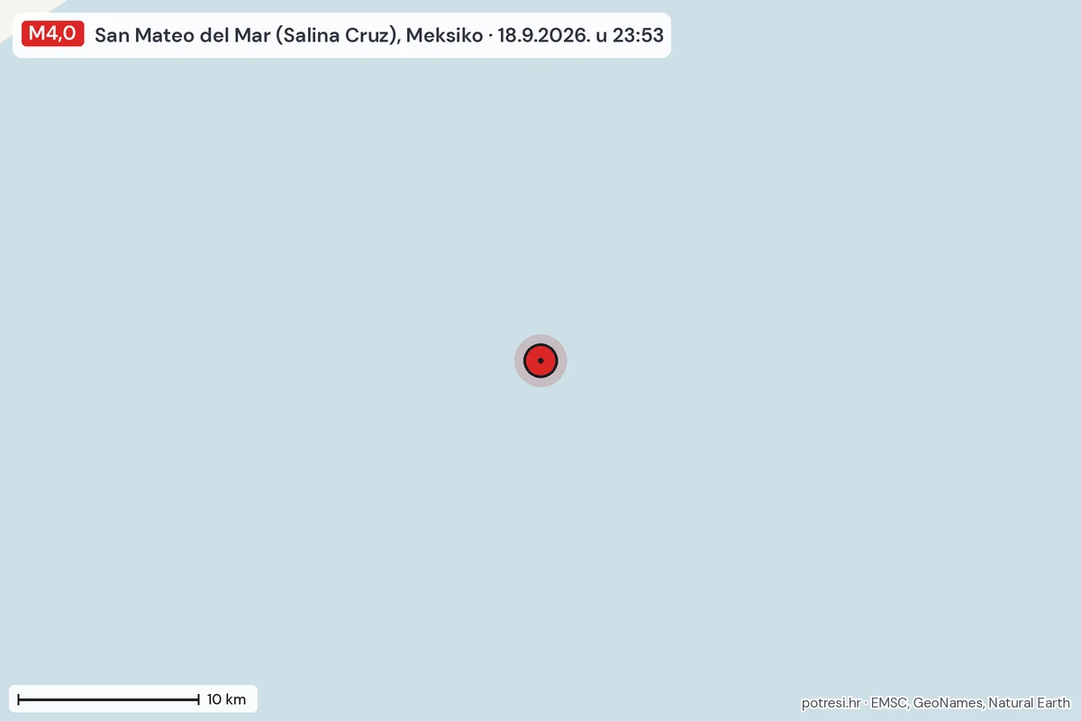 Karta: okolica epicentra, 60 km, potres M4,0, San Mateo del Mar (Salina Cruz), Meksiko, 18.9.2026.