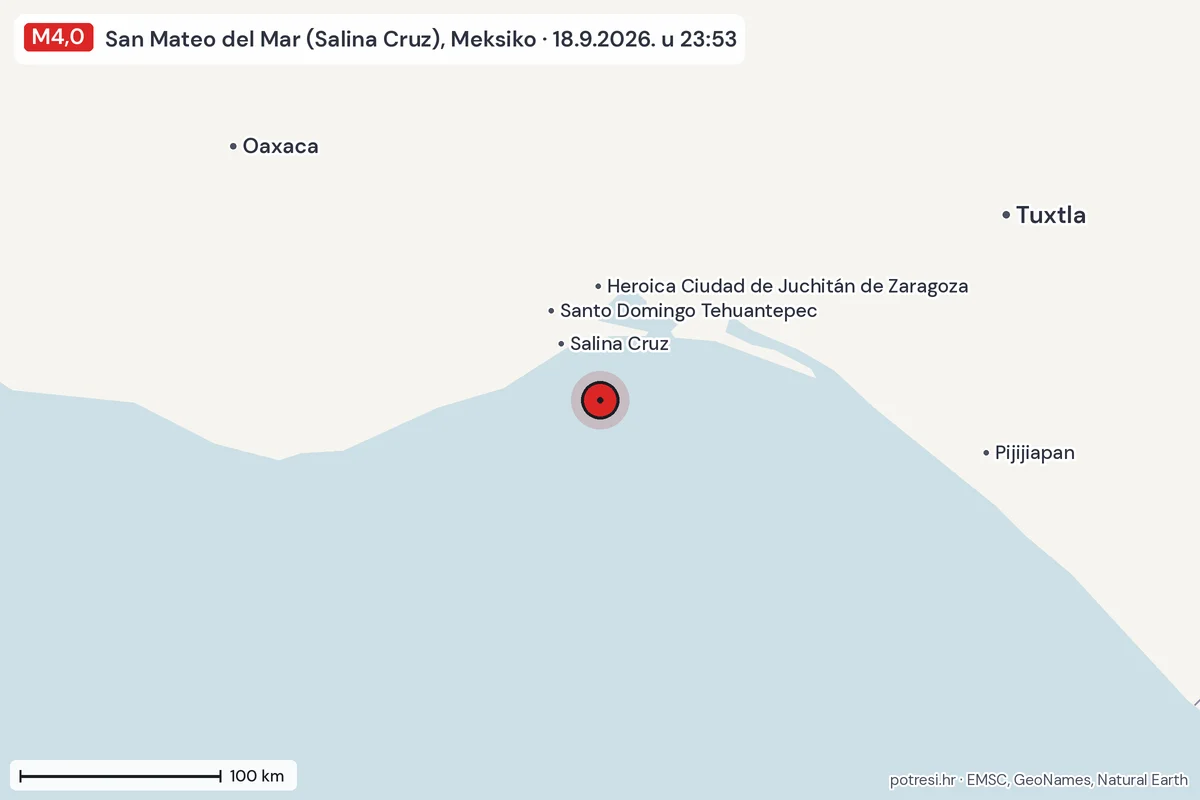 Karta: šire područje, 600 km, potres M4,0, San Mateo del Mar (Salina Cruz), Meksiko, 18.9.2026.