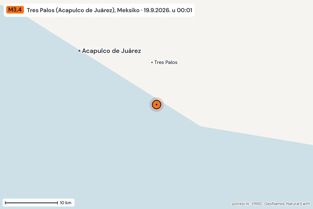 Karta: okolica epicentra, 60 km, potres M3,4, Tres Palos (Acapulco de Juárez), Meksiko, 19.9.2026.