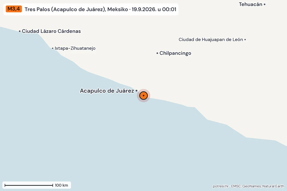 Karta: šire područje, 600 km, potres M3,4, Tres Palos (Acapulco de Juárez), Meksiko, 19.9.2026.