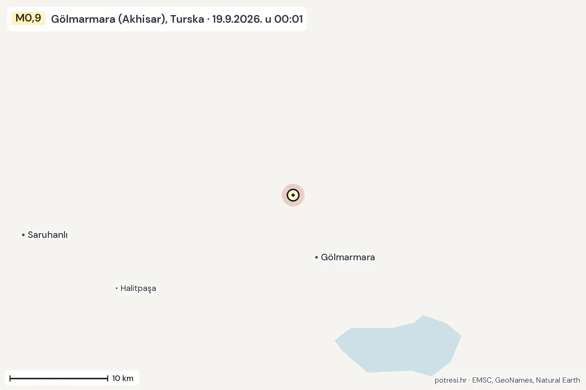 Karta: okolica epicentra, 60 km, potres M0,9, Gölmarmara (Akhisar), Turska, 19.9.2026.