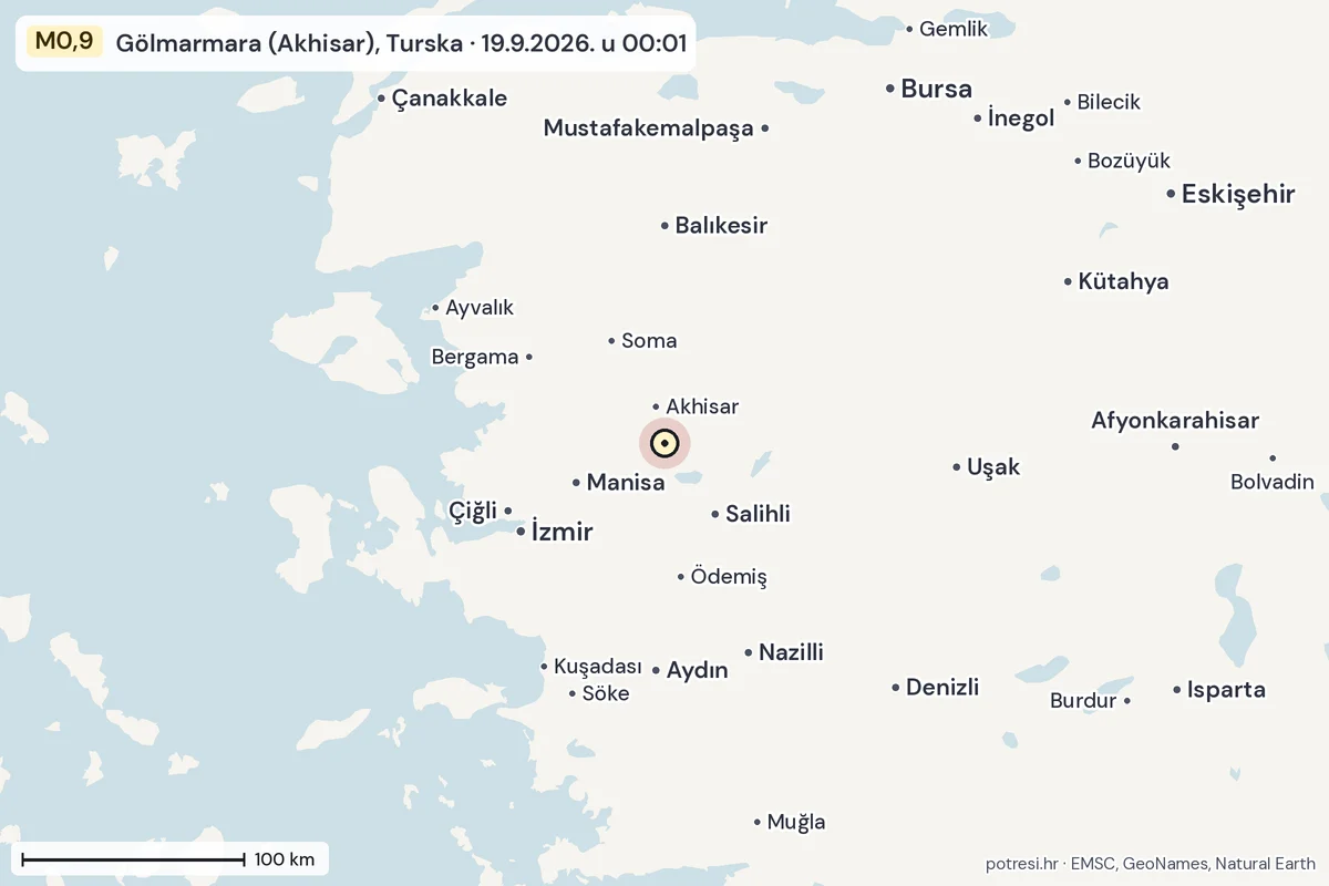 Karta: šire područje, 600 km, potres M0,9, Gölmarmara (Akhisar), Turska, 19.9.2026.