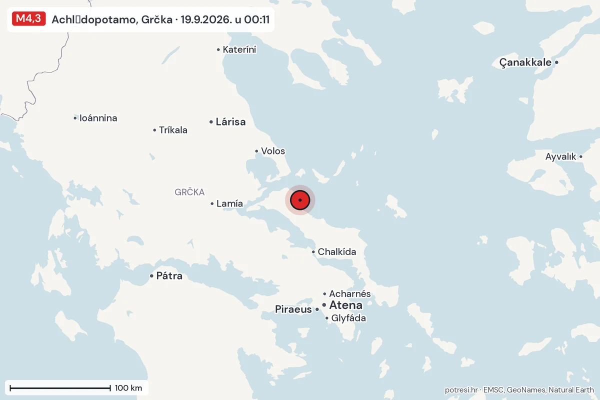 Karta: šire područje, 600 km, potres M4,3, Achlαdopotamo, Grčka, 19.9.2026.