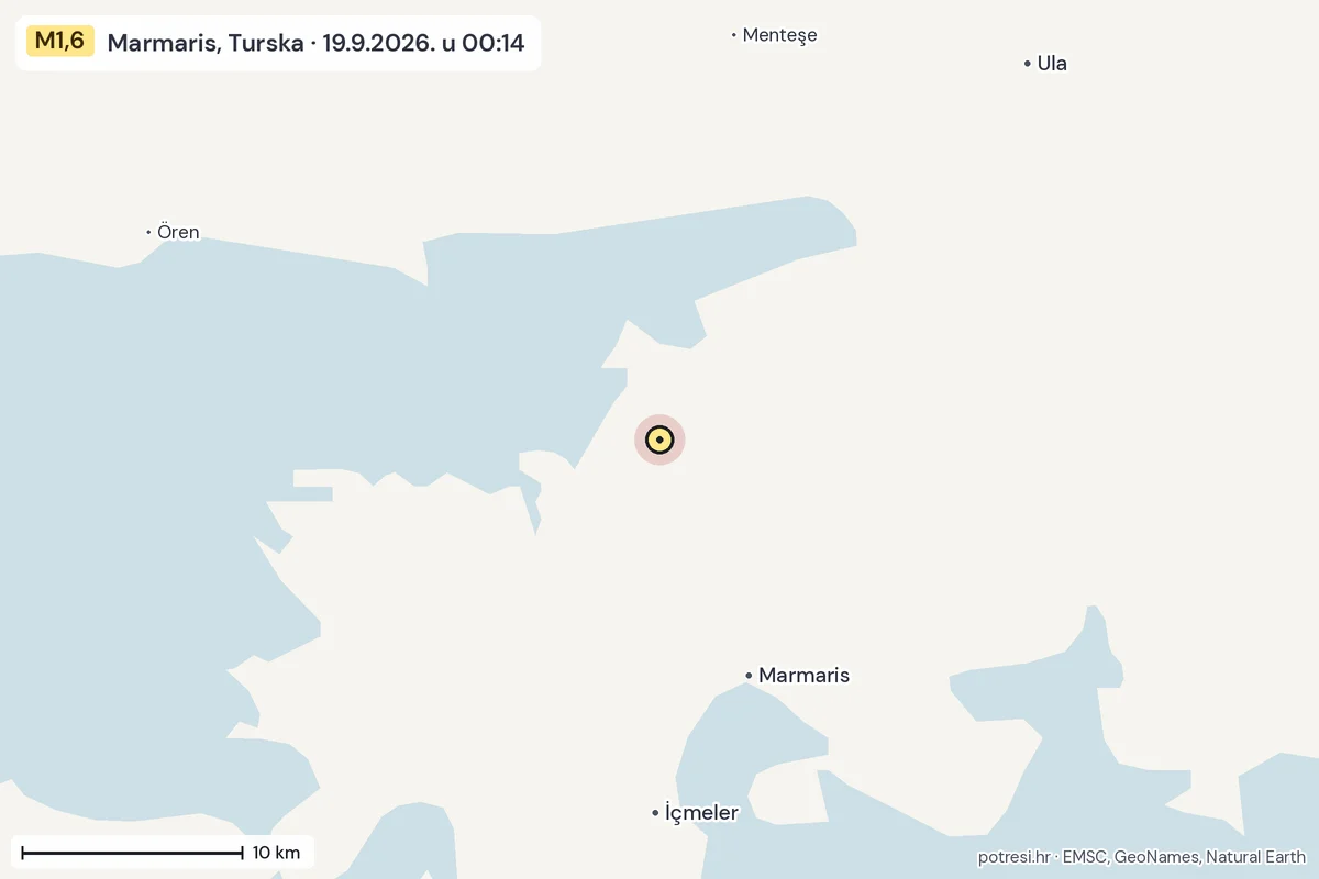 Karta: okolica epicentra, 60 km, potres M1,6, Marmaris, Turska, 19.9.2026.