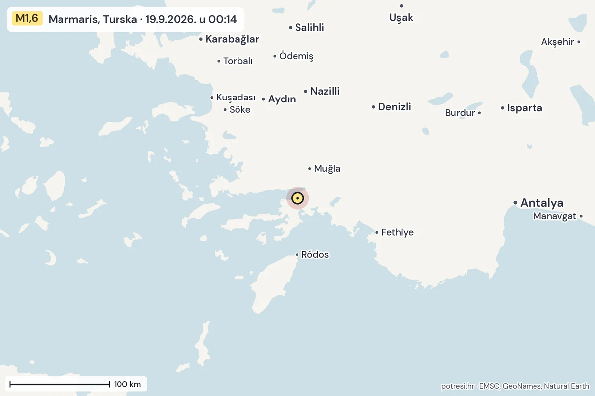 Karta: šire područje, 600 km, potres M1,6, Marmaris, Turska, 19.9.2026.