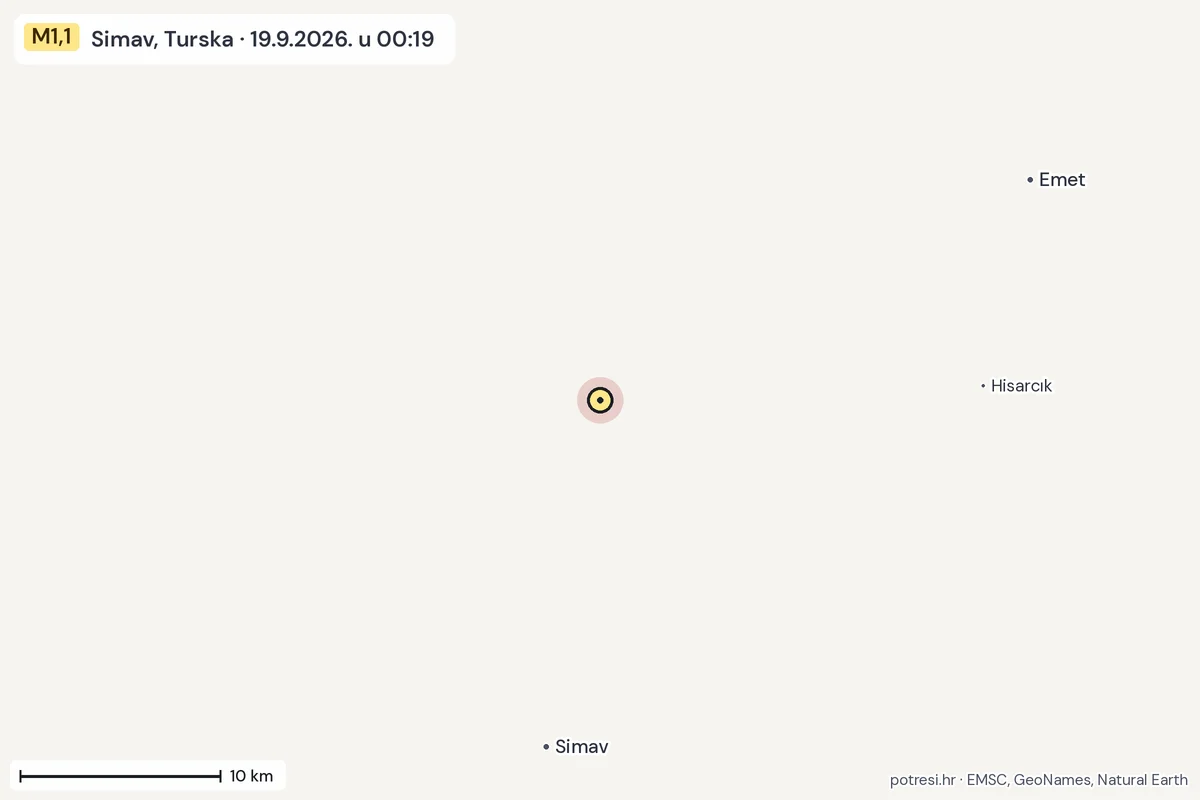 Karta: okolica epicentra, 60 km, potres M1,1, Simav, Turska, 19.9.2026.
